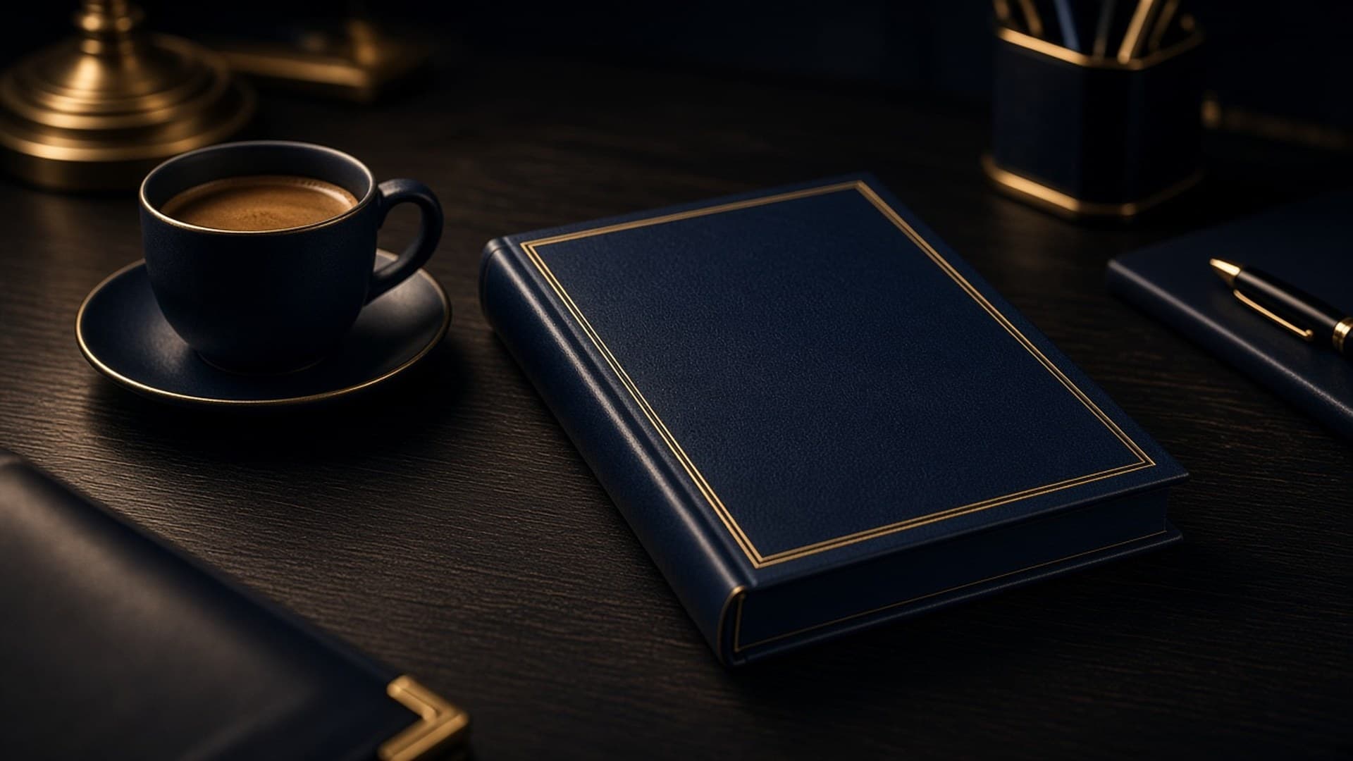 Attorney guidebook and coffee on a dark wood desk